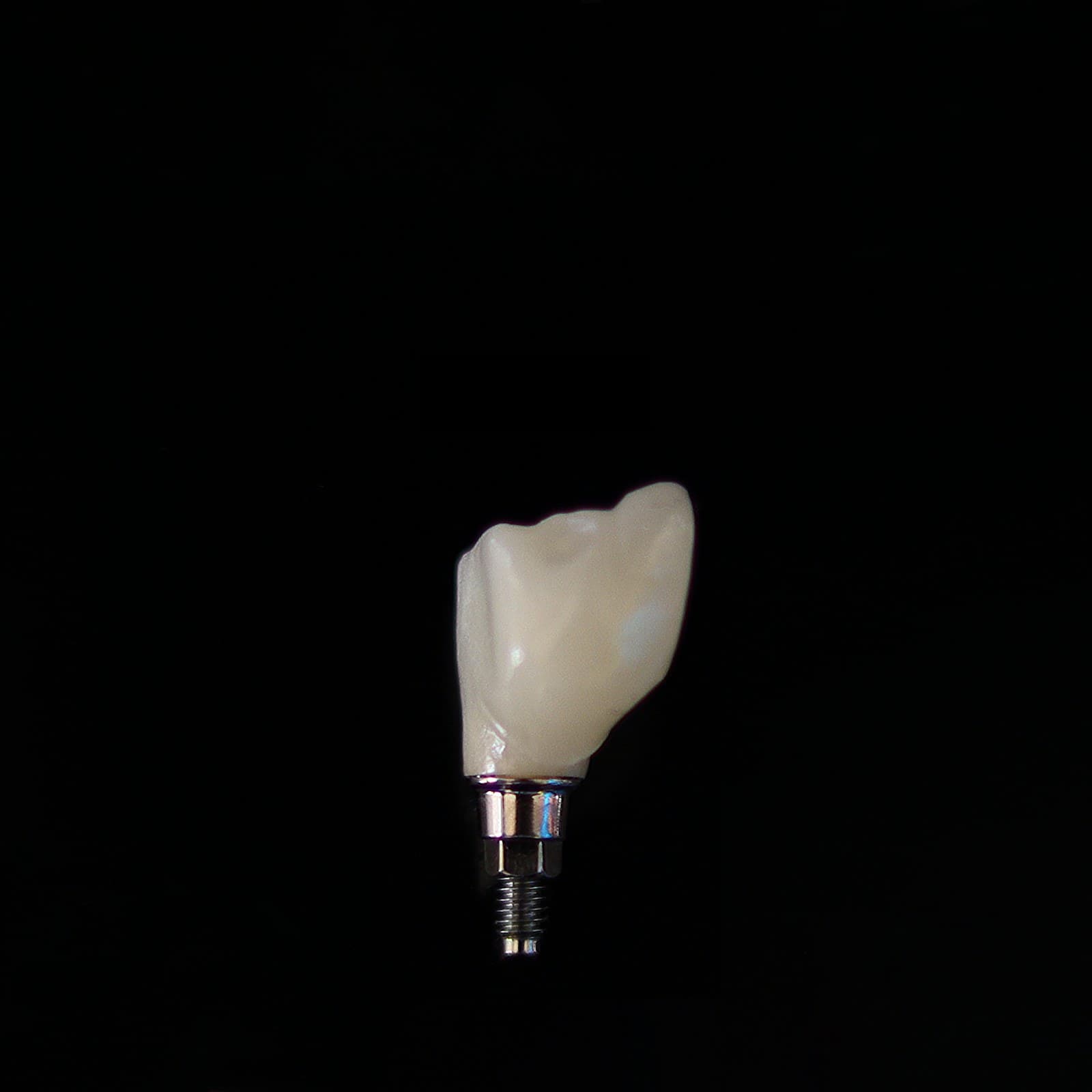 A single ceramic restoration photographed against black.
